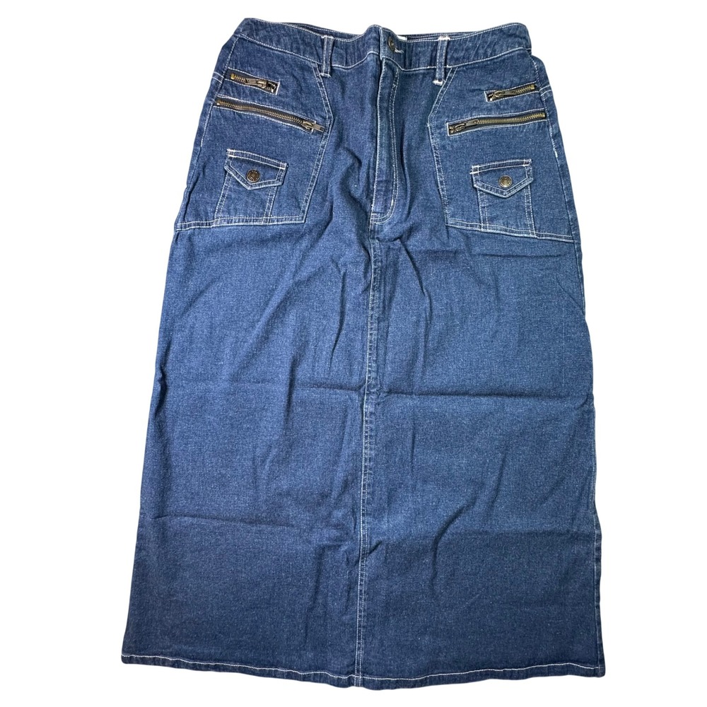 Denim 24/7 Long Denim Maxi Skirt Zipper Pockets Y2K Utilitarian 14W Minimalist